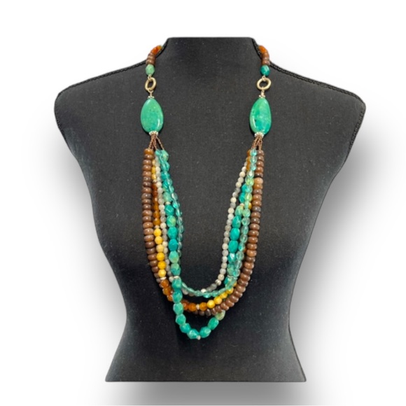 MULTI-STRAND Faux Turquoise Brown and Aqua beaded necklace - Picture 1 of 7